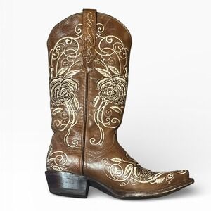 Wildflowers Bluebonnet Size 6 Brown Leather Rose Embroidered Cowboy Boots Rodeo
